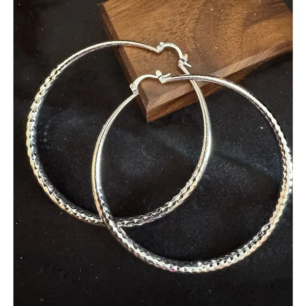 New Sterling Silver 925 Large Hoop Earrings 2.5” Diamond Cut Textured E75 - Picture 3 of 4